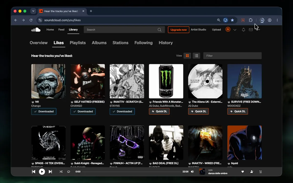 A SoundCloud likes library where already-saved tracks show a Downloaded checkmark and the rest show Quick DL.