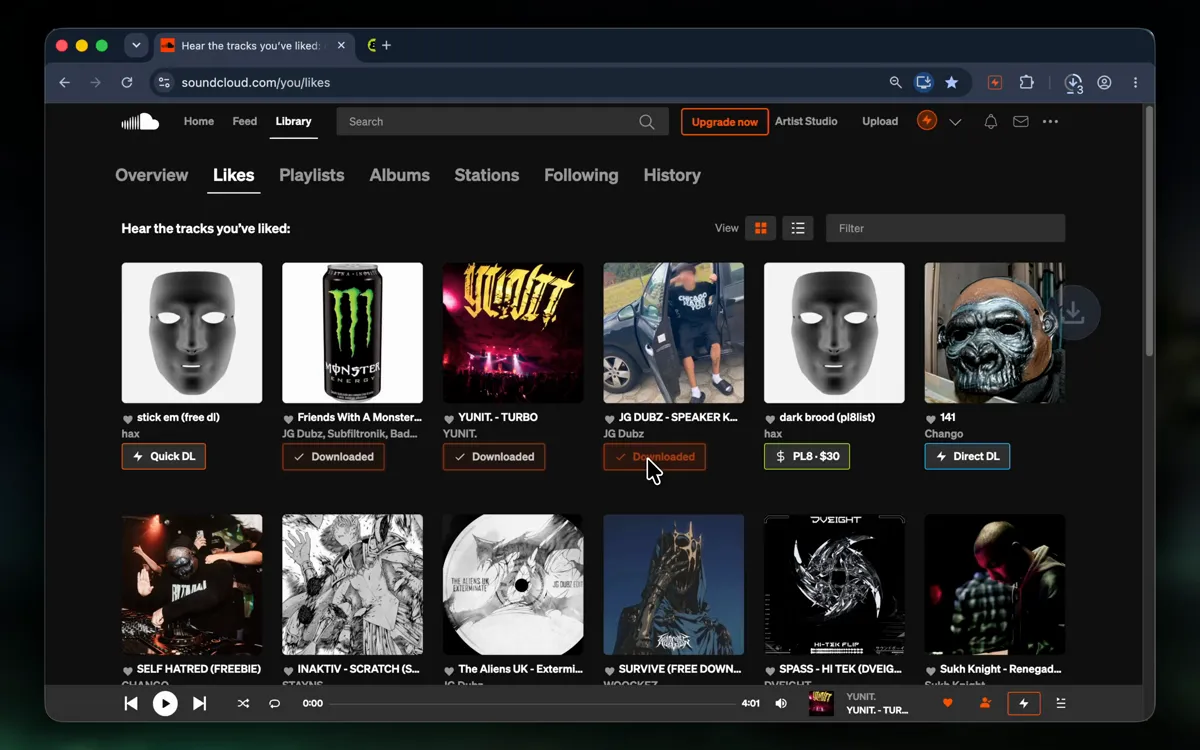 A SoundCloud likes page where three gated tracks have been downloaded in a row, each button now reading Downloaded.