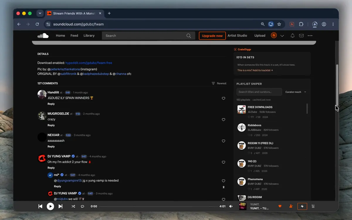 The Playlist Sniper panel on a SoundCloud track page, listing the playlists that track appears in with each curator's follower count.